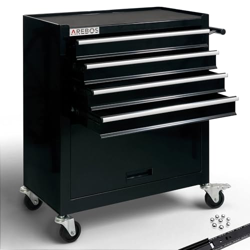 Arebos Werkstattwagen 4 Fächer + großes Fach für Werkzeug Kratzfeste Oberfläche | inkl. Antirutschmatten | kugelgelagerte Schubladen Interlock-System | 2 Rollen mit Feststellbremse | Schwarz
