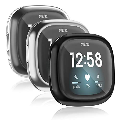 Vancle 3-Stück Hülle Kompatibel mit Fitbit Sense/Versa 3 Schutzhülle Schutzfolie, Weiche TPU Schutzfolie Vollschutz Display Schutz Hülle für Sense/Versa 3 NUR (Schwarz/Silber/Klar)