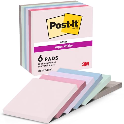 Post-it Super Sticky Notes Soulful Collection - 6 Blöcken, 90 Blatt pro Block, 76 mm x 76 mm, Pink, Lila, Grün, Grau, Blau - Extra-stark klebende Notizzettel für Notizen, To-Do-Listen und Erinnerungen
