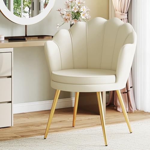 Ckaff Esszimmerstühle aus Samt, Schminktisch Stuhl, Muschelsessel mit Blütenblatt-Rückenlehne, Polstersessel Stuhl Schminktisch mit Gold Metallbeinen für Schlafzimmer Esszimmer Wohnzimmer, Beige