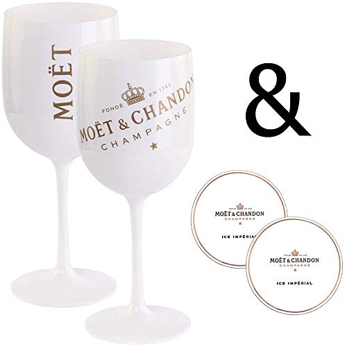 2 x Moët & Chandon Ice Imperial Champagner Acryl-Glas 0.45l Becher Kelch weiss/gold Gläser Set inkl. Untersetzer (2 x Stück)