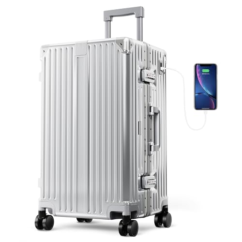 ALPHA CAMP Koffer Silber Aluminium Rahmen & Polycarbonat Hartschale mit TSA Schloss 360°Doppelrollen Reisekoffer Suitcase 66L Koffer L Groß 38x32x67cm Handgepäck Rollkoffer Luggage für Reise
