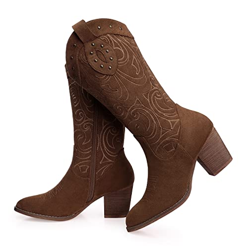 SHIBEVER Cowboy-Cowgirl-Stiefel für Damen: breite Wade, Westernstiefel, spitzer Zehenbereich, klobiger Absatz, Wildleder, bestickt, wadenhoch, Dunkelbraun, 37.5 EU