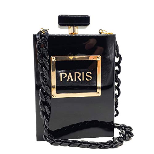 Boutique De FGG Schwarz Paris Parfümflasche Acryl Clutch Handtasche Damen Abendtasche für Party Kette Umhängetasche,Mini
