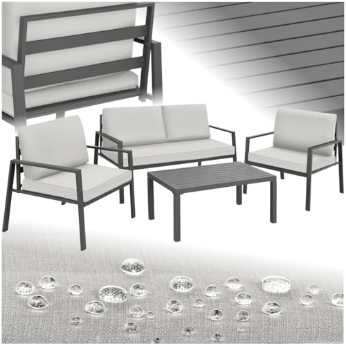 tectake® Aluminium Lounge, Set mit 2 Sessel 1 Sofa 1 Beistelltisch Outdoor, Gartenmöbel mit Kissen, Loungemöbel Set für Balkon, Garten, Wintergarten, Terrassenmöbel - hellgrau