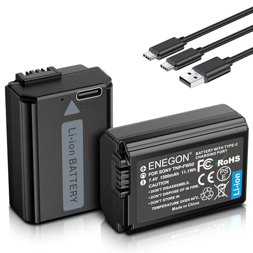 ENEGON NP-FW50 Direktlade-Ersatzbatterien 1500mAh (2er-Pack) mit 2-in-1-USB-C-Ladekabel für Sony ZV-E10,NEX 3/5/7&SLT-A Serie,Sony A7, A7SII, A7R, A7RII,A3000,A6000,A6500,A6300,A6400 A55,A5100,RX10II