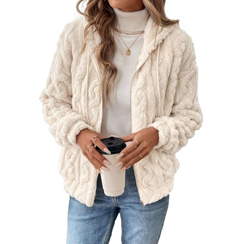 Yeenily Teddyjacke Damen PlüSchjacke Fleece Einfarbig Langarm Zip Damen Mit Kapuze Taschen ReißVerschluss Sweatshirt Hoodie (Apriksfarbe, M)