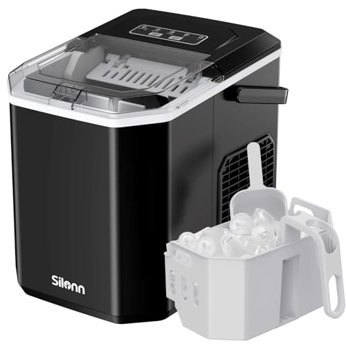 Silonn Eiswürfelmaschine mit Griff-Eiswürfelkorb – Tragbar & Selbstreinigend, Mini Ice Maker 9 Eiswürfel/6 Min. 12 KG/Tag, Eiswürfel einfach entnehmen und überall nutzen