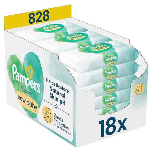 Pampers Harmonie New Baby Feuchttücher 18 Packungen mit jeweils 46 Feuchttüchern = 828 Feuchttücher, die helfen, den natürlichen pH-Wert der Haut wiederherzustellen