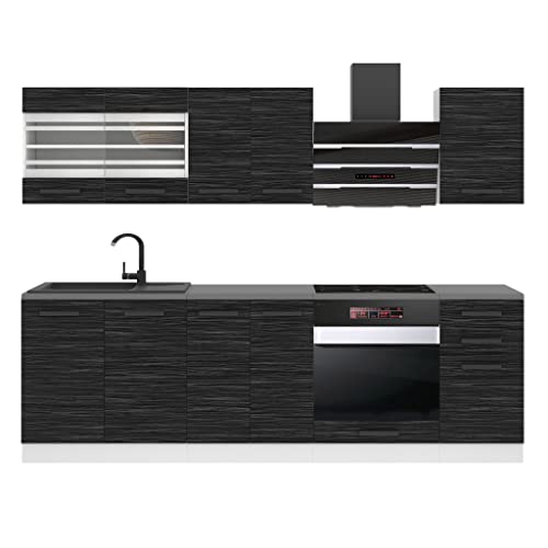 Belini Küchenzeile Küchenblock Margaret - Küchenmöbel 240 cm Einbauküche Vollausstattung ohne Elektrogeräten mit Hängeschränke und Unterschränke, mit Arbeitsplatten, Königliches Ebenholz