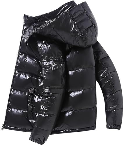 Schwere, Gesteppte Glänzende Daunenjacken Für Herren, Leistungsstarker Puffermantel Mit Kapuze, Schwarz