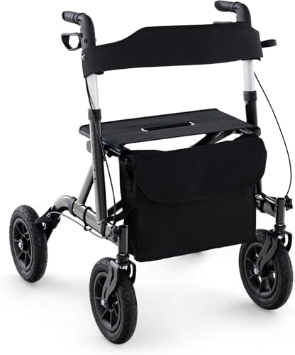 FANTASK Rollator mit Sitz für Senioren, Rollatoren Aluminium 6-fach höhenverstellbar, faltbar und leichtgewicht Laufhilfe mit Luftbereifung, 2 in 1 Rollstuhl & Reiserollator bis 136kg (Schwarz)