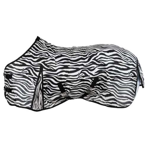 RL24 - Zebra Fliegendecke mit Kreuzgurt – reißfeste & feinmaschige Pferdedecke – Weidedecke zum Schutz vor Insekten – mit Schweifriemen & extra Langen Seiten – Outdoor-Pferdedecke – 125 cm