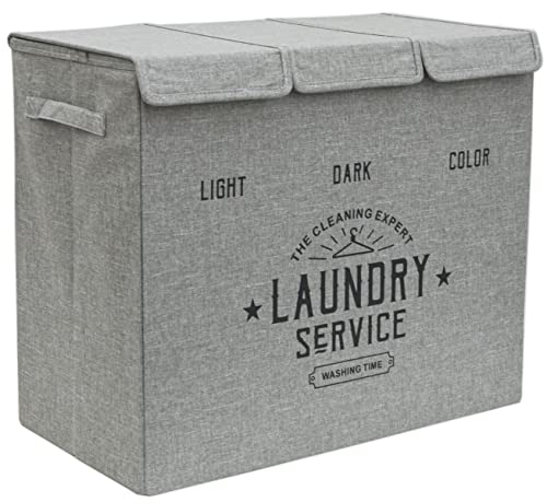 DuneDesign Wäschekorb 3 Fächer - 84L Wäschesammler Grau mit Deckel - Wäsche Organizer Schmutzwäsche Ordnungssystem Badezimmer Deko Schlafzimmer Wäschekorb Schrank Bad Organizer Waschmaschine