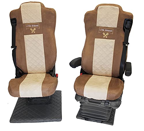 Adomo LKW Sitzbezüge für Mercedes Actros MP5 und MP4 mit klappbarem Beifahrersitz braun beige Old Skool