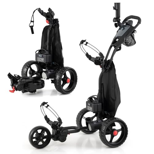 COSTWAY Golftrolley Elektrisch, 3 Rad Golf Cart klappbar, Golfwagen mit verstellbarem Griff & 9 stufiger Geschwindigkeit, Golf Caddy inkl. Schirmhalter, Getränkehalter, Kühltasche & USB-Anschluss