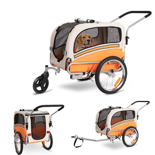 Fiximaster Hundeanhänger 2-in-1 für Fahrrad & Jogger – Transportwagen für Hunde bis 30 kg, faltbar, mit Bremsen, Signalwimpel, Outdoor & Heimgebrauch, leicht zu montieren (Orange)