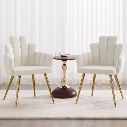 Ya-Home Esszimmerstühle 2er Set aus Kunstfell Polsterstuhl mit Rückenlehne Muschel Sessel Küche gepolsterte Akzentstuhl Küchenstühle mit Metallbeinen für Schlafzimmer/Wohnzimmer, Weiß