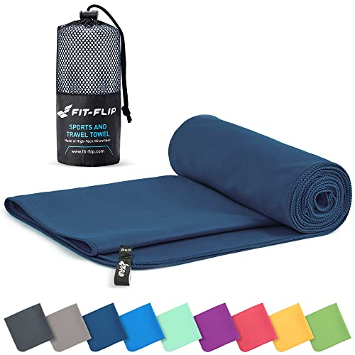 Fit-Flip Mikrofaser Handtuch - kompakte Microfaser Handtücher - ideal als Sporthandtuch, Reisehandtuch, Strandtuch - schnelltrocknend und leicht - Badetuch groß (90x180cm, Marineblau)
