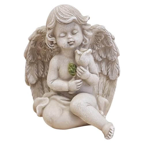 Logbuch-Verlag Grabengel sitzend mit Rose grau 9,5x8x12 cm aus Poly – Grabdekoration für Friedhof & Gedenkstätten