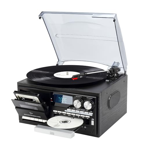 9-in-1 Record Player mit Bluetooth, 3-Gang-Plattenspieler mit eingebauten Lautsprechern, Schallplattenspieler mit 3,5 mm Audioanschluss, CD/Kassette, AM/FM Radio, USB/SD/MMC, Schwarz