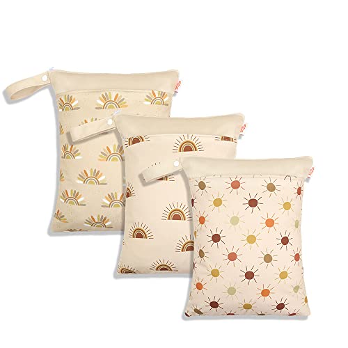 Treer 3 Stück Wetbag Kindergarten, Stoffwindeln Nasstaschen Baby Wetbag Wasserdicht Waschbar Kleinkind Windeln Organizer Beutel mit Reißverschluss (Beige Sonne,30x40cm)