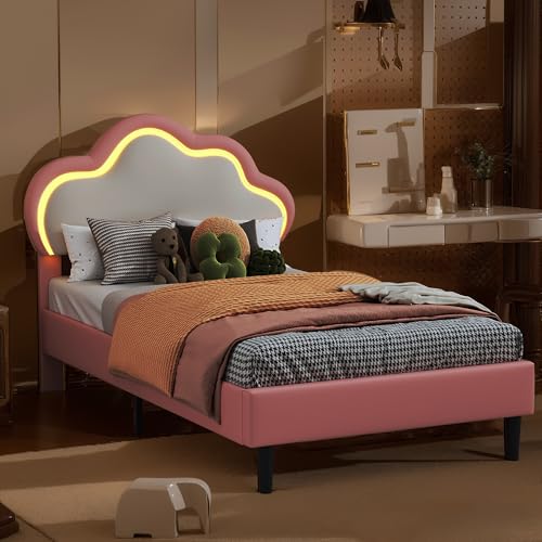 LIVLUX Gepolstertes Bett 90 x 200 cm, Prinzessinnenbett mit verstellbarem LED-Kopfteil und Lattenrost, Mädchenbett, Wolkenförmiges Kopfteil, für Kinder und Jugendliche, PU (Rosa C, 90 x 200 cm)