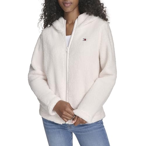 Tommy Hilfiger Damen-Kapuzenjacke mit Reißverschluss, Sherpa-Fleece, Weiches Elfenbein, L