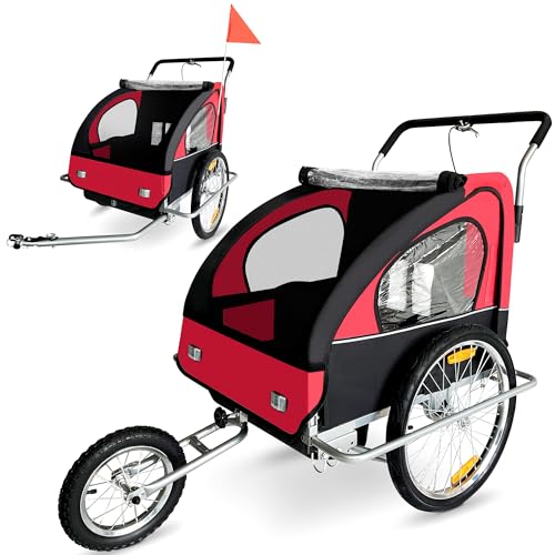 SAMAX Fahrradanhänger Jogger 2in1 Kinderanhänger Kinderfahrradanhänger Transportwagen vollgefederte Hinterachse für 2 Kinder in Rot/Schwarz - Silver Frame