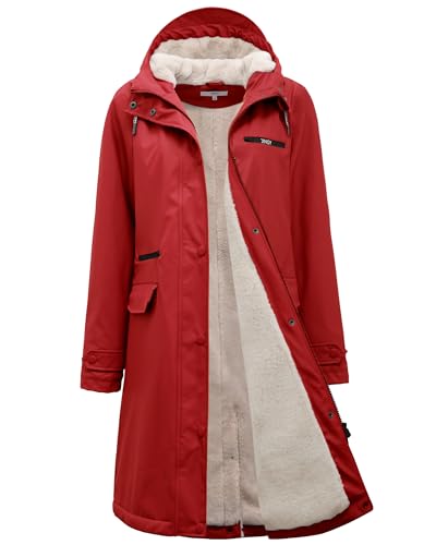 Peter Patter Regenmantel damen gefüttert mit Teddy-Fleece Regenjacke damen wasserdicht mit Kunstfell warm Friesennerz lang PU Windbreaker Regenparka für Winter,rot,38