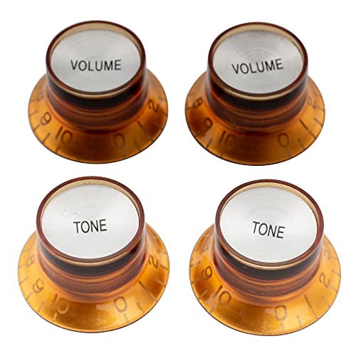 Musiclily Pro Zoll Größe 2 Volume 2 Tone Potiknopf Reflector Top Hat Bell Knobs Set für Double Cut USA Les Paul SG E-Gitarre, Amber mit Silber Top