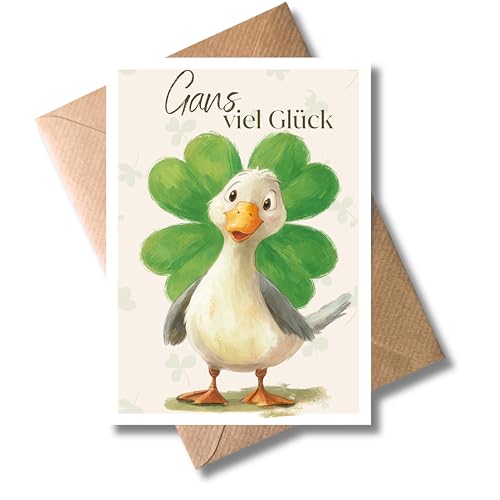 WBdesignz Grußkarte „Gans viel Glück“ mit Umschlag - Karte mit lustiger Gans und 4-Blatt-Klee als Glücksbringer, Aufmunterung oder Mutmacher - für Freunde, Familie & Kollegen (DIN A6)