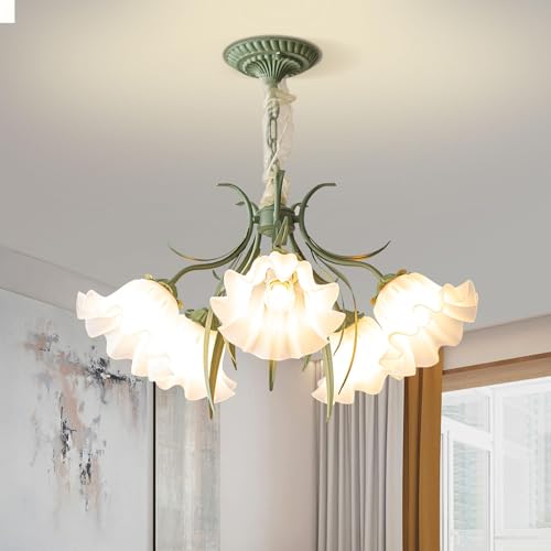 kaixunl Vintage Blumen Design Metall Pendelleuchte,Französischer Landhaus Kronleuchter lampe, Lampenschirm aus Acryl Retro chandelier, für Schlafzimmer Wohnzimmer Restaurant Veranda Flur (5 Köpfe)