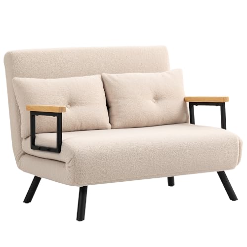 HOMCOM Schlafsofa 4 in 1 2 Sitzer Sofa mit Schlaffunktion, 183 x 98,5 cm Klappbar Couch Schlafcouch mit 5-stufig Verstellbarer Rückenlehne, Lendenkissen und Fleece-Optik für Wohnzimmer, Beige