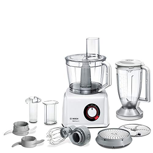 Bosch Kompakt-Küchenmaschine MultiTalent 8, XXL-Rührschüssel 3,9 L, Mixer 1,5 L, Universalmesser, Reibscheibe, Schneid-Raspel-Wendescheibe, Kartoffelpuffer-Scheibe, 1000 W, klein, weiß, MC812W501