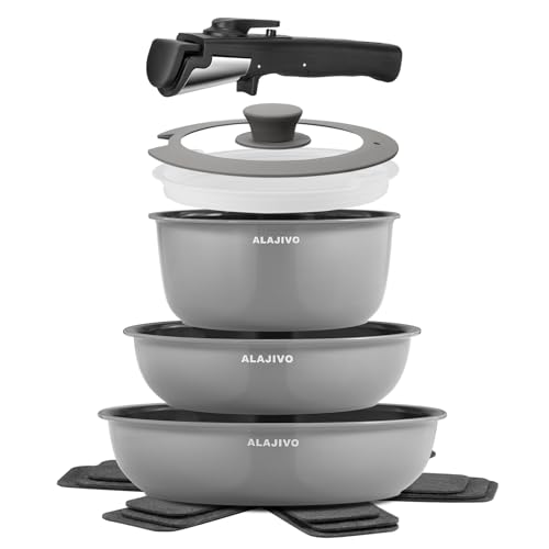Topfset mit Abnehmbarer Griff, 9-Teilig Topfsets Pfannenset mit Antihaft Beschichtet, Topfset Induktion Kochtopf Set mit Deckel, für Alle Herdarten, Backofenfest, Ofenfest (grau)