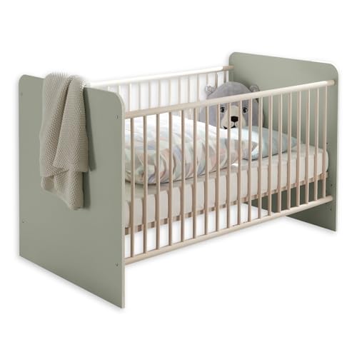 PRIZZI Sicheres Babybett 70x140 cm in Pastellgrün/Aurum Optik - Funktionales Baby Gitterbett mit höhenverstellbarem Lattenrost - 78 x 88 x 143 cm (B/H/T)