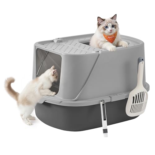 Feandrea Katzenklo groß XXL, Katzentoilette mit Deckel, mit Schaufel und Bürste, für Katzen bis 15 kg, Taubengrau-schiefergrau PPT011GN01