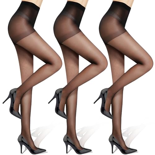 LLOUSSAK 3 Stück Strumpfhosen Damen Schwarz,20D Women's Sheer Tights with Reinforced Toes,Druckfreier Komfortbund Strumpfhosen für Damen,Hohe Taille Feinstrumpfhose,Seidig Glänzende Optik