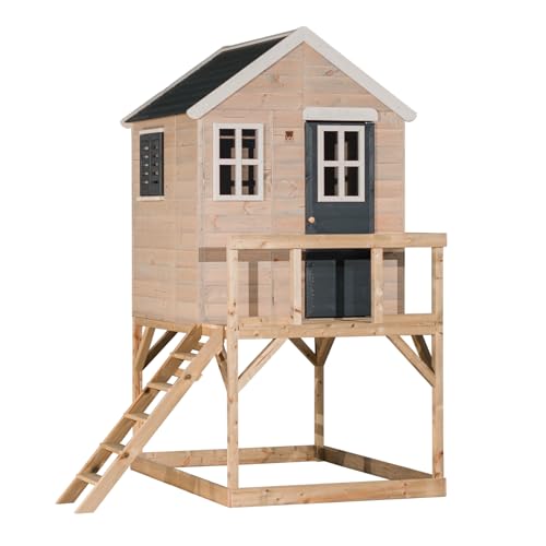 Wendi Toys M21 Stelzenhaus Holz Outdoor, Spielturm für Kinder Garten FSC Holz, Podesthöhe 90 cm, 160×190×242 cm, mit Leiter, Terrasse, Fensterläden, Boden, wetterfest