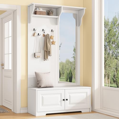 Yihomfy 100 x 40 x 180cm Garderoben mit Spiegel,5 Kleiderhaken,2 Schränken und Regal, Flur Garderobenständer Kleiderständer mit Schuhschrank, Flurgarderoben, Kompaktgarderobe, Weiß