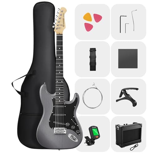 DONNER DST-80 E-Gitarre, 39” Anfänger E-Gitarren-Set mit Verstärker, klassischem SSS-Tonabnehmer, inklusive Gigbag, Stimmgerät, Kapodaster, Gurt, Plektren und kostenlosen Online-Lektionen