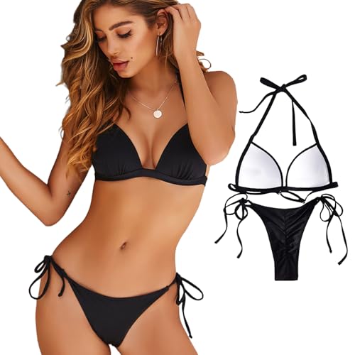 Anseom Damen Dreieck Bikini Set, Triangel String Oberteil mit Hose, Sexy Brazilian Thong Bekinis, Zweiteiligwe Badeanzug für Summer (DE/NL/SE/PL, Alphanumerisch, M, Regular, Regular, Schwarz)