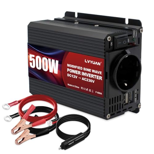 LVYUAN Wechselrichter 12V auf 230V 500W Spannungswandler, Stromwandler mit Dual-USB-Anschluss und EU-Steckdosen, Inverter