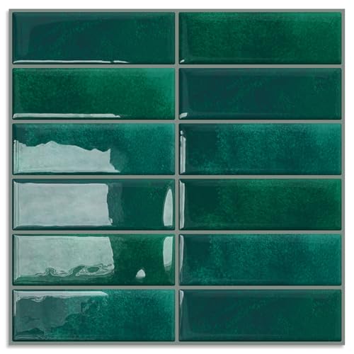 DEWOO Fliesenaufkleber Klebefliesen Küche Fliesenfolie Selbstklebend Metro Fliesen Rechteckige Wandverkleidung Dunkelgrün Grün, 10-Stück (30.5 x 30.5 cm)