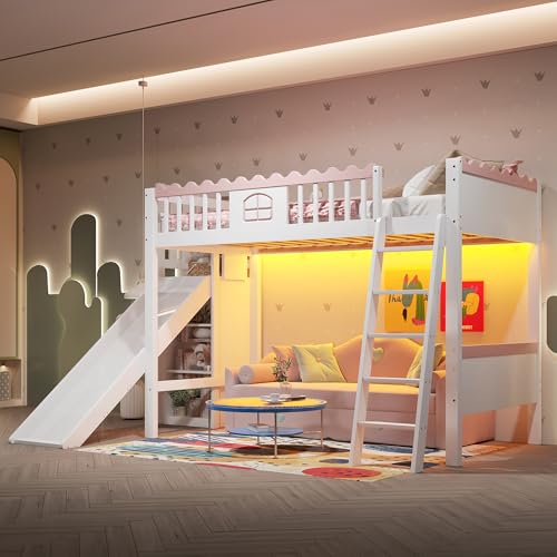 Lcoho Hochbett, Einzelbett, Kinderbett (Ohne Matratze), mit LED-Leuchten, mit Regalen, mit Rutsche, EN747 Zertifiziert, Kiefernholz, 90x200cm, Weiß