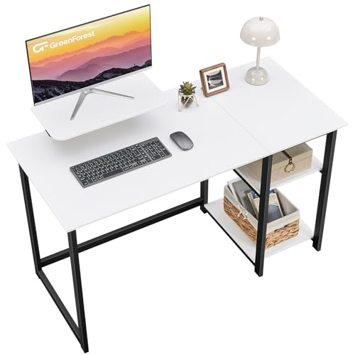 GreenForest Computer Home Office Schreibtisch mit reversiblen Speicherregalen 100cm Kleiner mit justierbaren Regalen für kleine Räume,Schlafzimmer,Student, moderner PC Laptop Tisch,weiß