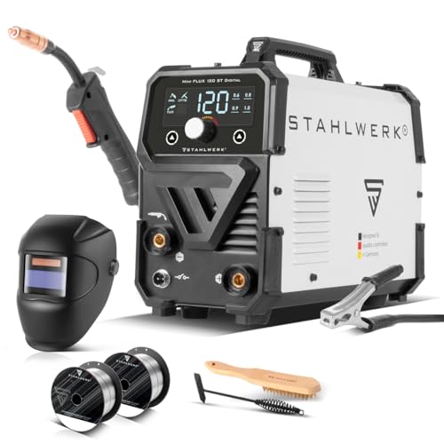 STAHLWERK Schweißgerät Mini FLUX 120 ST Digital – Vollausstattung – Fülldrahtschweißen (FLUX) ohne Schutzgas bis 120 A, synergischer Drahtvorschub, LED-Licht, Lift-TIG- und MMA/E-Hand-Funktion (ARC)