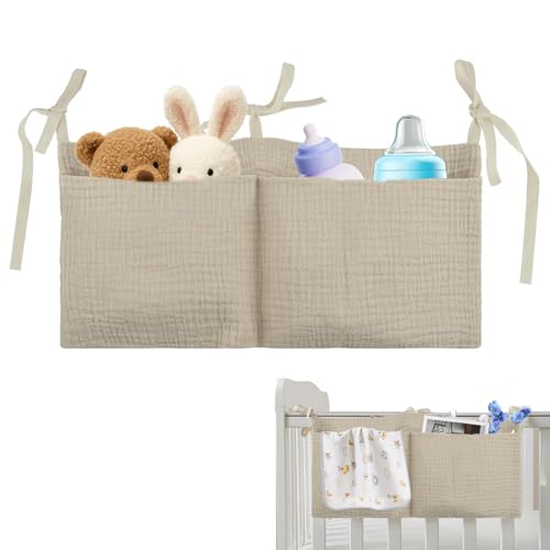 Babybett Organizer Hängend,2-in-1 Baby Kinderzimmer Organizer,Betttasche Spielzeugtasche,Aufbewahrungstaschen Betten,Geeignet Windeln Kleidung Spielzeug,Khaki