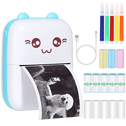 Mini Drucker Taschendrucker Thermofotodrucker Bild Fotoetiketten Memo Quittungspapierdrucker Fotodrucker mit 15 Rollen Druckerpapie für Smartphone Kompatibel mit Android,iOS System für Journal,Reise